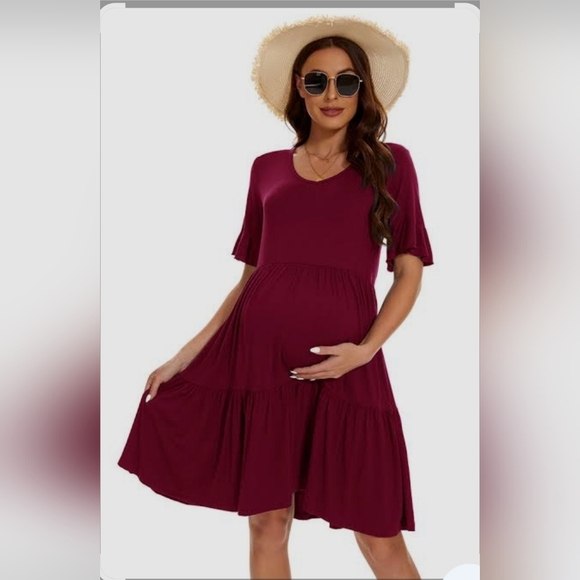 Smallshow Dresses & Skirts - Smallshow Ruffle Sleeves Elegant Maternity in Rich Burgundy Size Xl